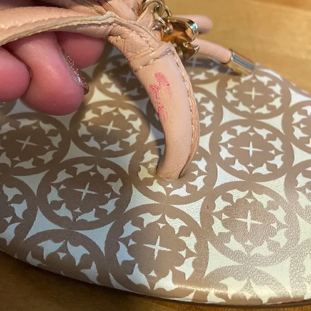 Kate Spade Taupe & Blush Pretty Bow Leather Slide On Flip Flop Sandals Size 9.5